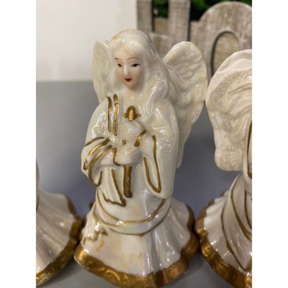 3 Ceramic Angels with Harps and Candles Iridescent Gold Trim Angel Figurines - Picture 4 of 10